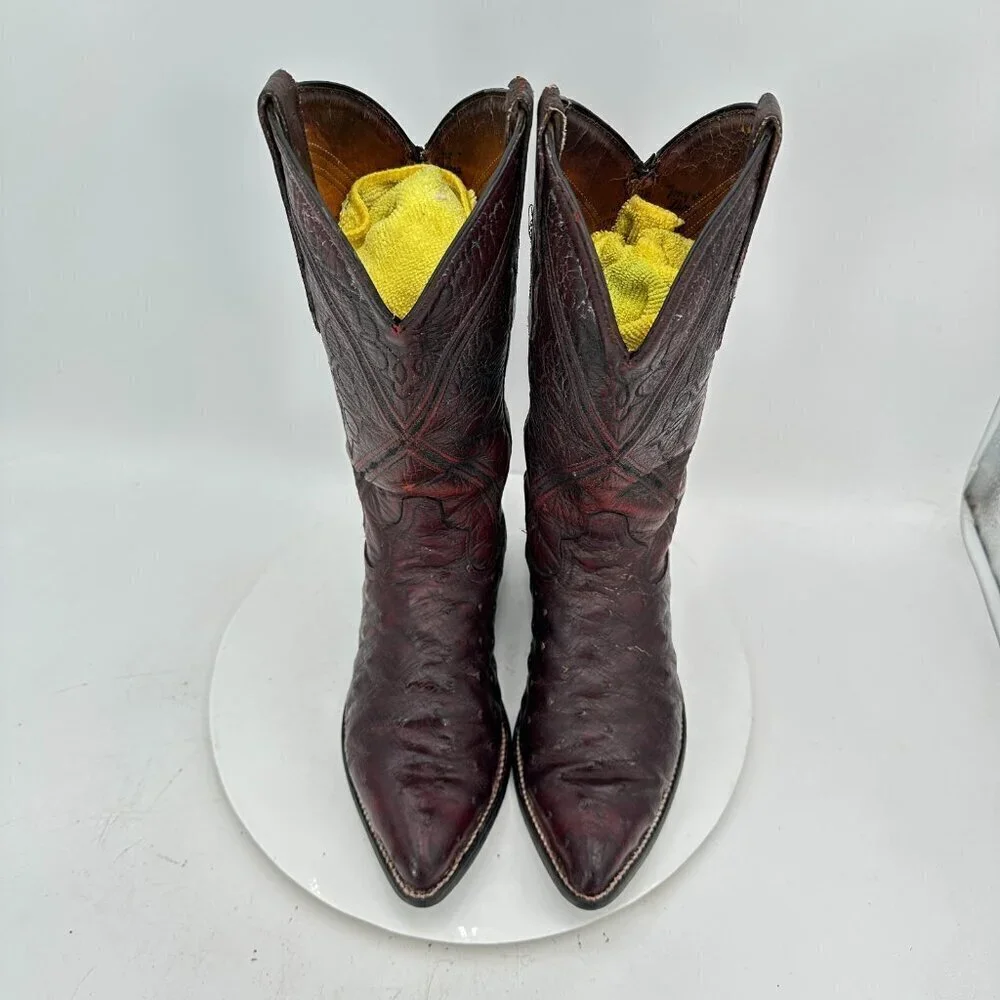 Tony Lama Men Size 7D Burgundy Full Quill Ostrich Leather Pull On Western Boot